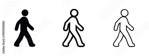 Walking person icons set. Man or pedestrian symbol, black flat and outlined vector illustrations of movement.