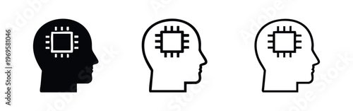 Artificial intelligence head icon set with CPU chip representing AI, machine learning, and advanced processing