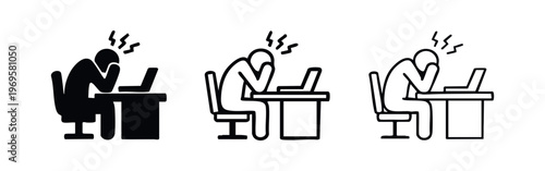 Stressed person working on laptop icon set, depicting burnout, headache, and work overload