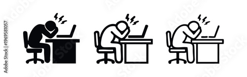 Stressed Worker at Laptop Icon Set. Burnout and Overwork Symbol Collection. Headache at Desk Vector Illustration.