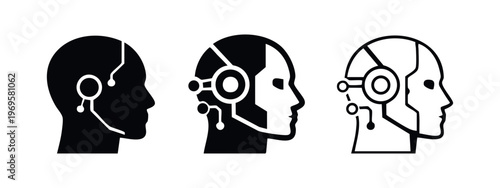 Robot head profile icon set, illustrating artificial intelligence, cyborgs, and future technology