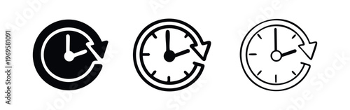 Time, refresh, loop, or repeat icon set with clock and arrow symbol.