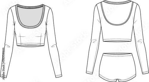 Women's activewear set illustration with long sleeve crop top and high waist shorts, front and back view, modern fitness fashion outfit design
