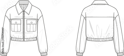 Women's cropped bomber jacket illustration with front zipper and flap pockets, elastic hem and cuffs, front and back view fashion design