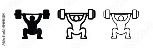 Weightlifting person icon set representing fitness, gym, strength training, and workout activities.