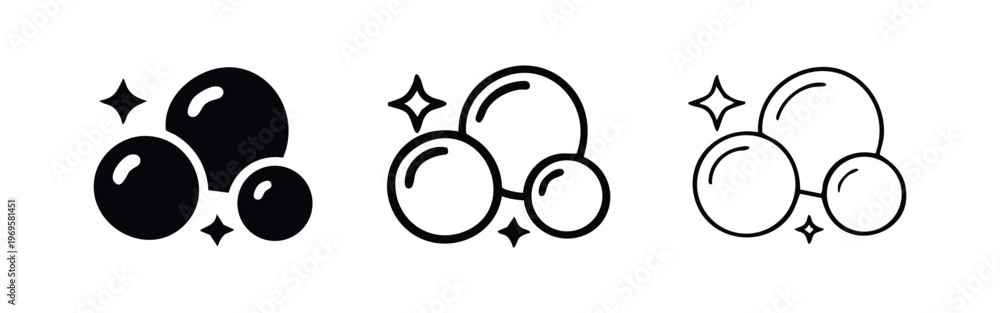 Fototapeta premium Bubbles icon set. Soap or water bubbles with sparkle effect in solid and outline styles. Vector illustration.
