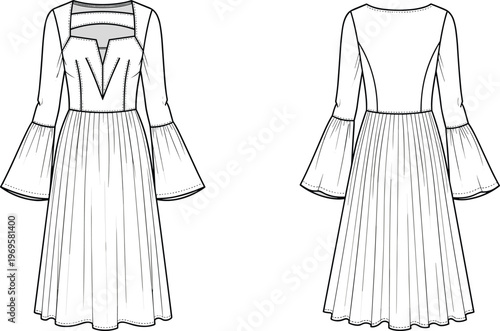 Women's pleated midi dress illustration with long bell sleeves and V neckline detail, front and back view, elegant modern fashion design