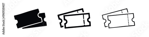 Tickets icon set. Admission, event, movie or travel pass symbols in solid and outline styles. Vector illustration.