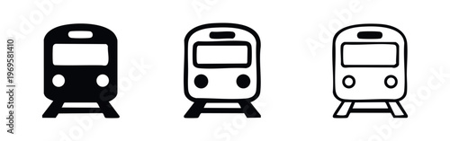Train icon set. Front view of a passenger locomotive or metro symbol in various styles. Vector illustration.