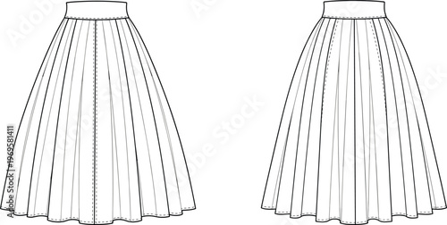 Women's pleated midi skirt illustration with high waist design, flared silhouette, front and back view elegant modern fashion apparel style
