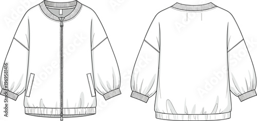 Women's oversized bomber jacket illustration with front zipper and ribbed cuffs, relaxed fit outerwear design, front and back view modern fashion