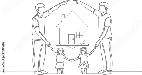 Continuous one line art drawing of a happy family providing protection for their home, symbolizing safety and security.