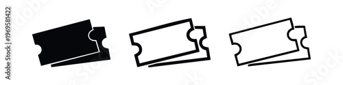 Event tickets icon set. Admission, movie, or travel pass symbols in solid and outline styles. Vector illustration.