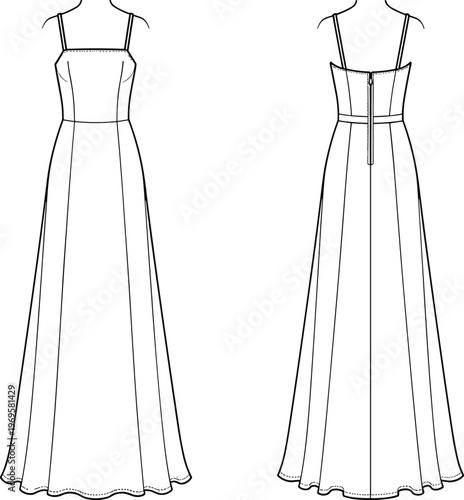 Women's sleeveless maxi dress illustration with spaghetti straps and fitted bodice, flowing skirt design, front and back view elegant fashion