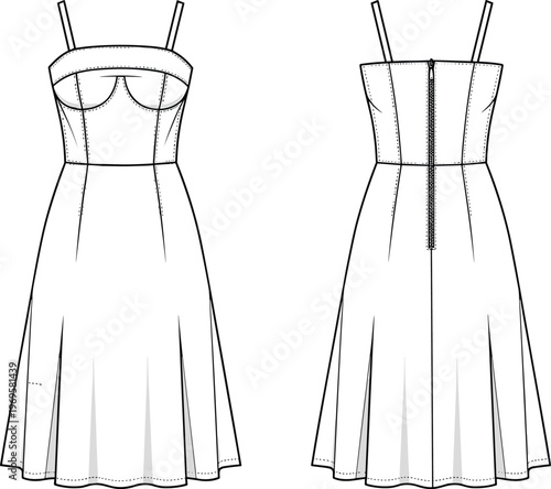 Women's spaghetti strap midi dress illustration with structured bodice and flared skirt, front and back view, elegant modern fashion apparel design