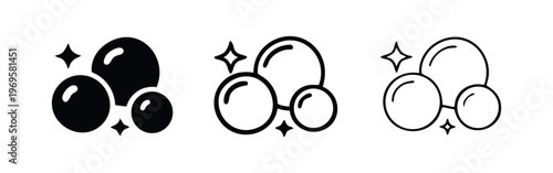 Bubbles icon set. Soap or water bubbles with sparkle effect in solid and outline styles. Vector illustration.