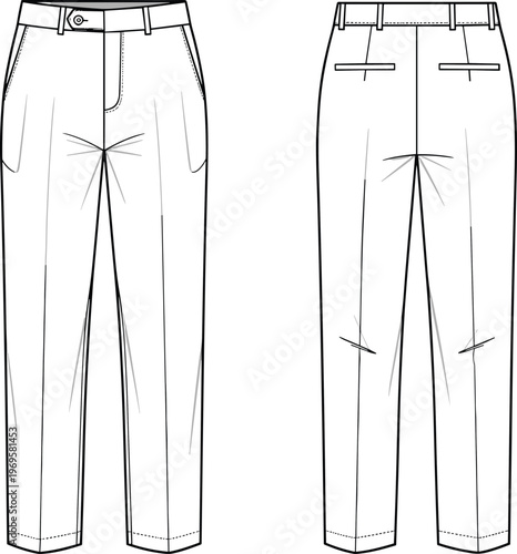 Women's tailored straight leg trousers illustration with front and back view, high waist design, classic formal fashion pants style