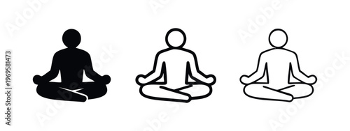 Meditation person vector icon set. Yoga lotus pose symbols for relaxation, peace, and mental wellness.