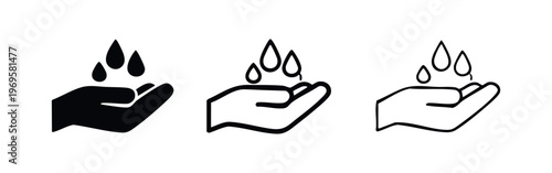 Water drops on hand icon set. Symbol for clean water or hand washing in solid and outline styles. Vector illustration.
