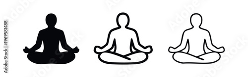 Meditation person vector icon set. Yoga lotus pose symbols for relaxation, peace, and mental wellness.