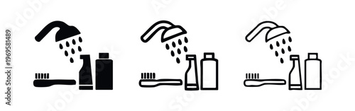 Shower and hygiene products icon set. Bathroom personal care symbols for daily routine and cleanliness.