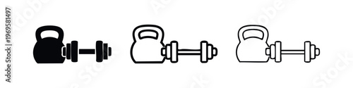 Gym equipment icons set. Kettlebell and dumbbell symbols for fitness, workout, and strength training.