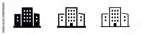 City Apartment Buildings and Skyline Icon Set. Urban Residential Architecture Symbols.