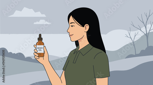 Woman Holding Dropper Bottle in Outdoor Setting.