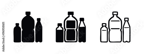 Plastic Bottles Icon Set. Water bottle, drink container, soda package symbol vector illustration.