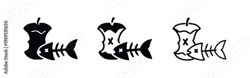 Food Waste Icon Set. Organic garbage, fish bone and apple core symbols for composting vector illustration.