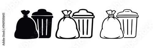 Trash Can and Bag Icon Set. Garbage bin and refuse sack symbols for waste disposal vector illustration.