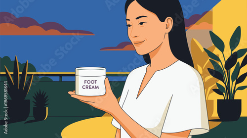 Woman Holding Foot Cream Jar Outdoors.