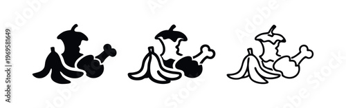 Food Waste Icon Set. Organic garbage, banana peel and chicken bone symbols for composting vector illustration.