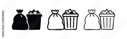 Full Trash Can and Bag Icon Set. Overflowing garbage bin and refuse sack symbols vector illustration.
