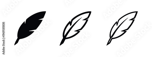 Bird Feather Vector Icons. Set of soft quill and writing feather symbols in solid and outline designs.