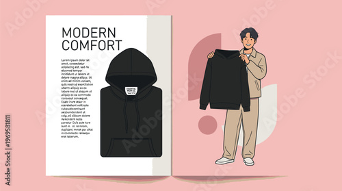 Modern Comfort Fashion Illustration with Man and Hoodie Display.