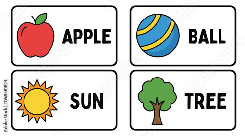 Colorful Educational Icons of Apple Ball Sun Tree.