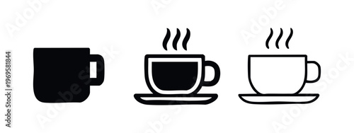Hot coffee cup with steam icon set.