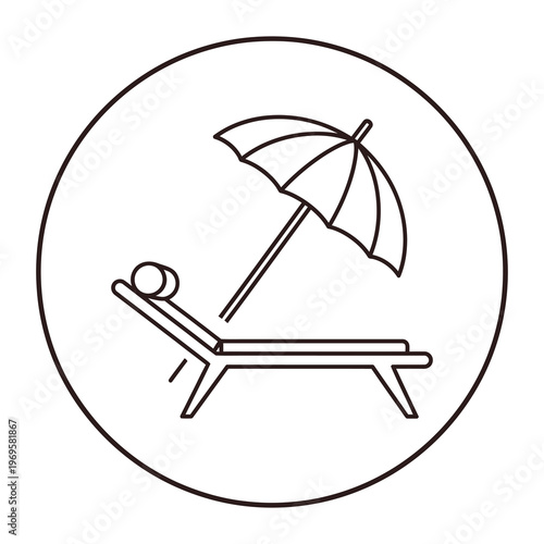 Line drawing of a beach chair and umbrella on a circle icon