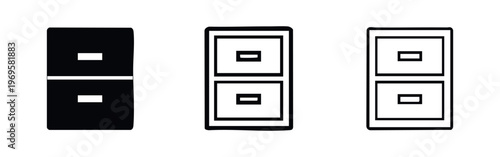 Filing cabinet with two drawers icon set, depicting office storage, document organization, and archive solutions