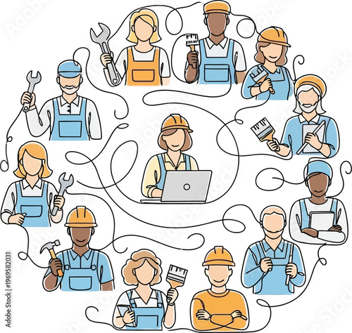 Diverse skilled workers and tradespeople connected by a single line, symbolizing a cohesive network of professional collaboration and teamwork, with technology at its core.