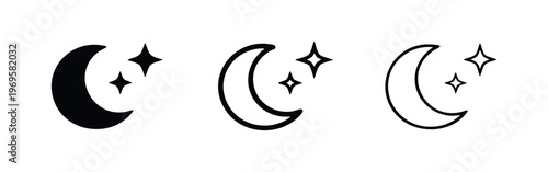 Moon and stars icon vector in three different styles for night time, sleep, dreams, and celestial themes.