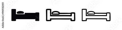 Single bed with sleeping person icon vector in three styles for hotel rooms, accommodation, and sleep indicators.