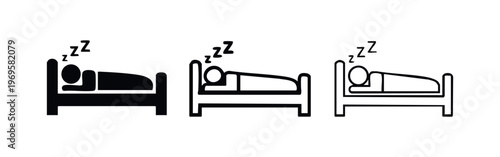 Person sleeping in bed with Zzz icon vector in three styles for sleep, relaxation, and bedtime concepts.