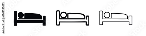 Person sleeping in bed icon vector in three different styles for hotel, bedroom, and sleep related content.