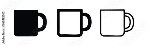 Coffee Mug Icon Set: Beverage Cup Symbol in Solid, Bold Outline, and Thin Outline Styles