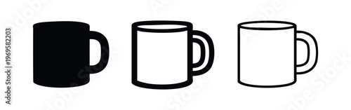 Plain Mug Icon Set: Cup for Hot Beverages in Solid, Bold Outline, and Thin Outline Styles