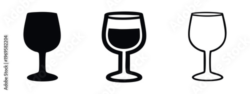 Elegant Wine Glass Icon Set: Solid, Filled Outline, and Empty Outline Styles for Drinks Concepts