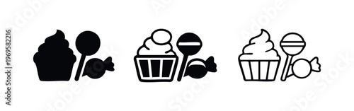 Sweet Treats Icon Set with Cupcake, Lollipop, and Candy in Different Styles