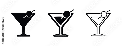 Martini Cocktail Icon Set: Glass with Cherry Garnish in Solid, Bold Outline, and Thin Outline Styles
